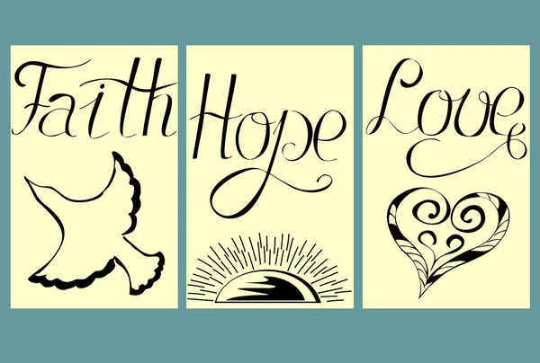 Blyerts bilder med orden ur handen på tro, hopp, kärlek — Stock vektor