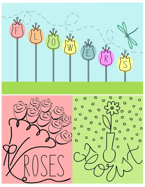 Opciones de flores con inscripciones Floristería, Rosas, Flores — Vector de stock