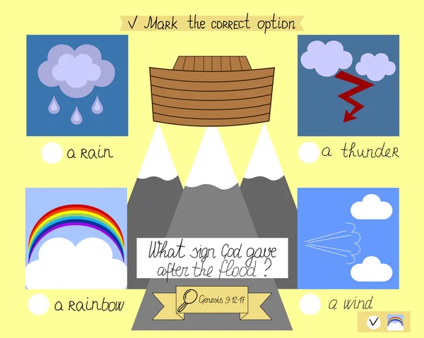 The lesson and the task for kids about the ark and the rainbow. The children s Ministry. Sunday school. — Stock Vector