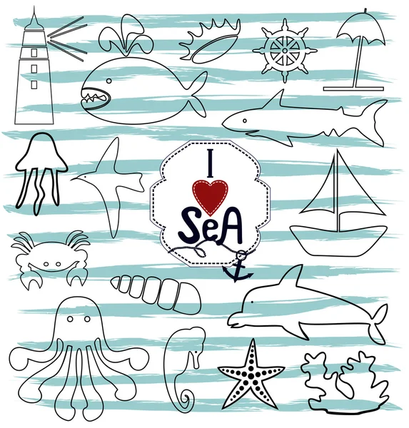 Contorno iconos marinos y la inscripción a mano Me encanta el mar — Vector de stock