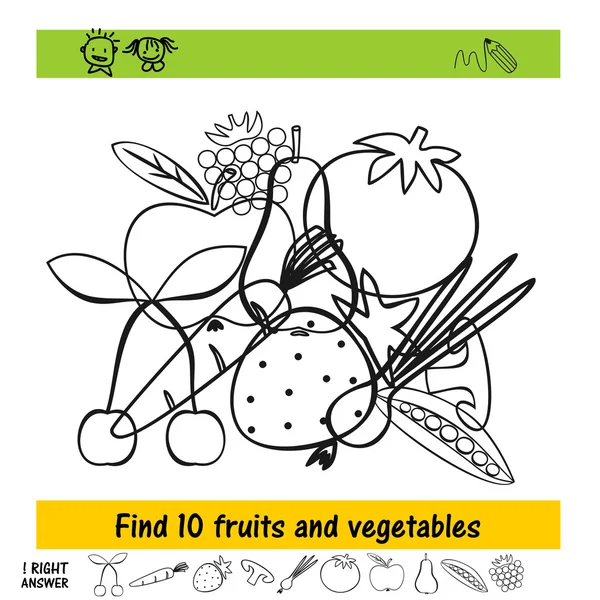 Hausaufgaben für Kinder, wie man zehn verschiedene Obst- und Gemüsesorten aus dem Haufen findet — Stockvektor