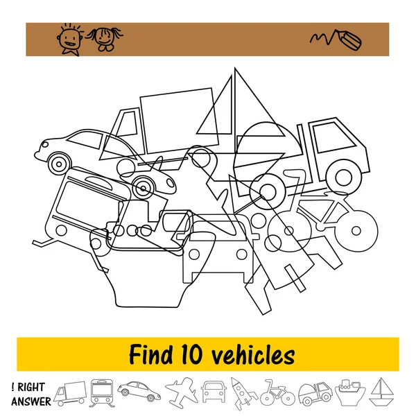 La tâche pour les enfants de trouver dix véhicules d'une pile . — Image vectorielle