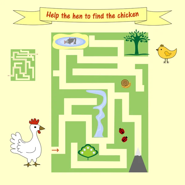 Les devoirs des enfants Comment aider une poule à trouver le poulet. Enseignement préscolaire . — Image vectorielle