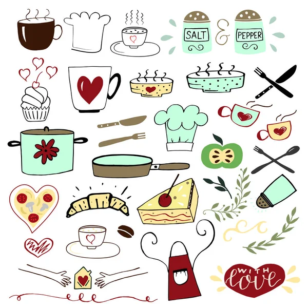 Set con elementi disegnati a mano per cucinare e alimentare. Illustrazione Stock