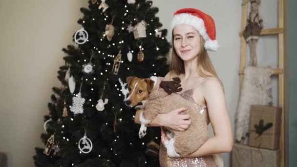 Una mujer en vestido brillante y sombrero de Santa Claus sostiene a un perro en sus brazos en Navidad — Vídeos de Stock