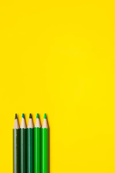 Vertical green sharp wooden pencils on a bright yellow background, isolated, copy space, mock up — Stock Photo, Image