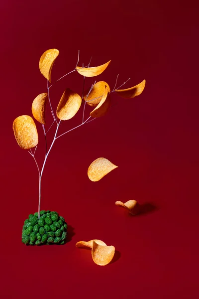 Wasabi 'deki fındık ve cipslerin yaratıcı yemek fotoğrafları havada asılı ve dondurucu hareketler, cips yapraklarının düşüşü kavramı, dallardan yapılmış bir ağaç ve kırmızı arka planda bir yığın fındık.