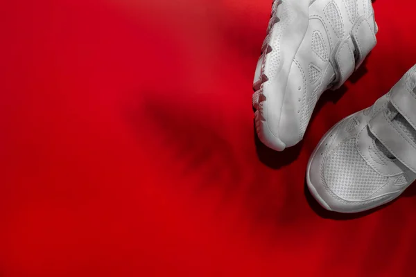 Plano yacía dos zapatillas de deporte de niño blanco con sombras duras de las hojas de una palmera o un helecho monstera aislado sobre un fondo rojo saturado —  Fotos de Stock