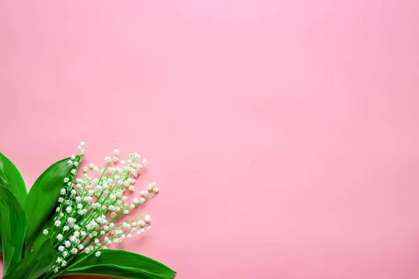 空のスペースで左隅の谷のユリの花束。ピンクの背景を持つフラットレイアウト — ストック写真