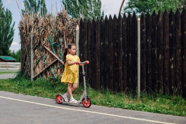 # Sarı elbiseli bir kızın motosikletli yürüyüşü # # Tahta ya da sazlık çitin arkasında bir yaz günü #