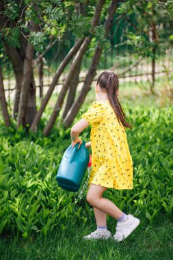 Sarı elbiseli bir kızın portresi mavi sulama kutusundan vadiyi sulayan zambaklar ve güneşli bir yaz gününde arka bahçede bir aileye yardım eden bir kızın.