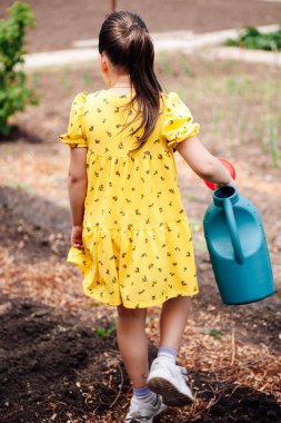Bir çocuğun elinde bir bahçe sulama kutusu taşıdığını ve köyün bahçesindeki bitkileri sulamaya gittiğini gördüm.