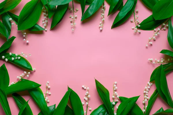 Feuilles vertes de lys de la vallée comme cadre floral avec espace de copie. Pose plate avec fond rose — Photo