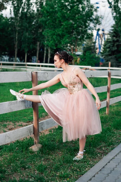 Молодая балерина в розовом платье делает упражнения на растяжку в парке с зеленой травой и деревьями на закате летом — стоковое фото