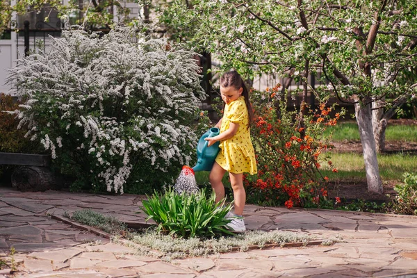 Un piccolo giardiniere fiori d'acqua da un annaffiatoio, una ragazza giardini nel cortile e aiuta i suoi genitori con il giardino — Foto Stock