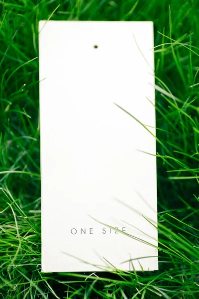 Vista superior de una etiqueta de cartón blanco con la inscripción diseño de un tamaño de césped etiqueta de hierba verde para el logotipo — Foto de Stock