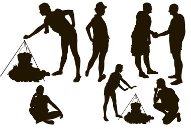 Family on a walk and picnic in contour clipart