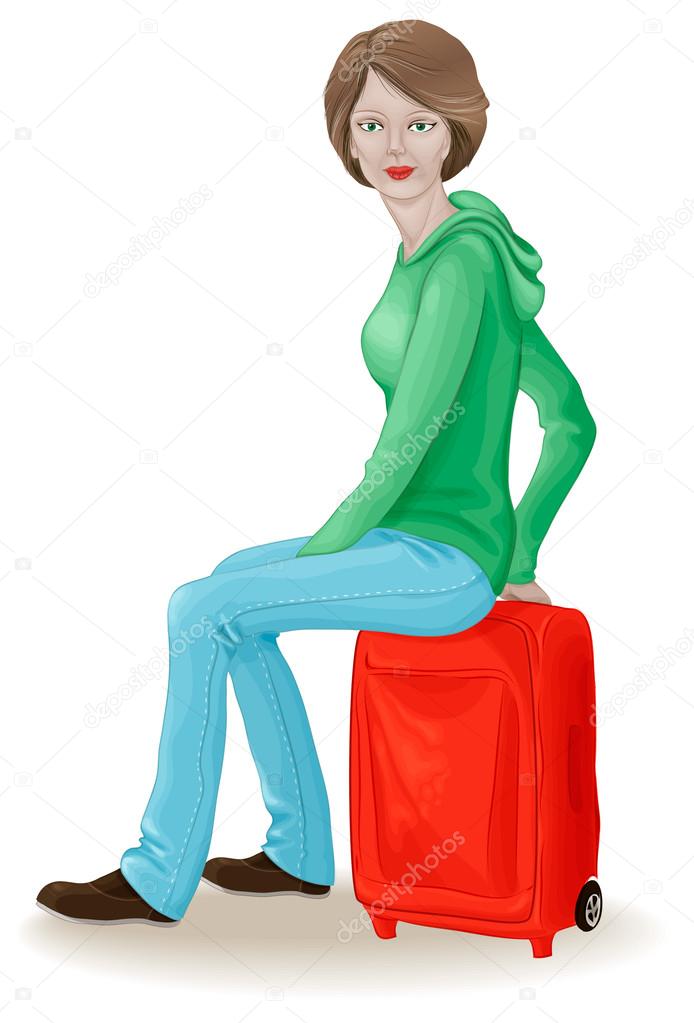Beautiful young woman sitting on travel bag.