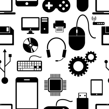 Seamless pattern with electronics, black icons computer technolo