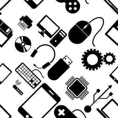 Seamless pattern with electronics, black icons computer technolo