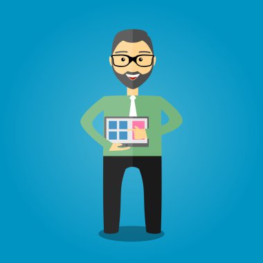 İş sunma. Tablet hipster adam. Vektör illustrat
