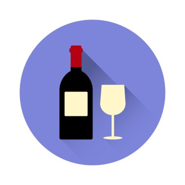 Şarap şişe ve cam simgesi uzun gölge ile. Vektör çizim