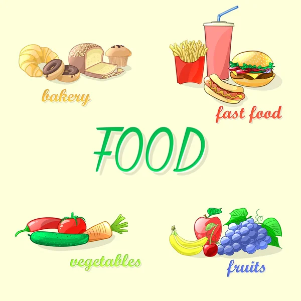 Színes élelmiszer vektoros illusztráció. Fast food, zöldségek, gyümölcsök — Stock Vector