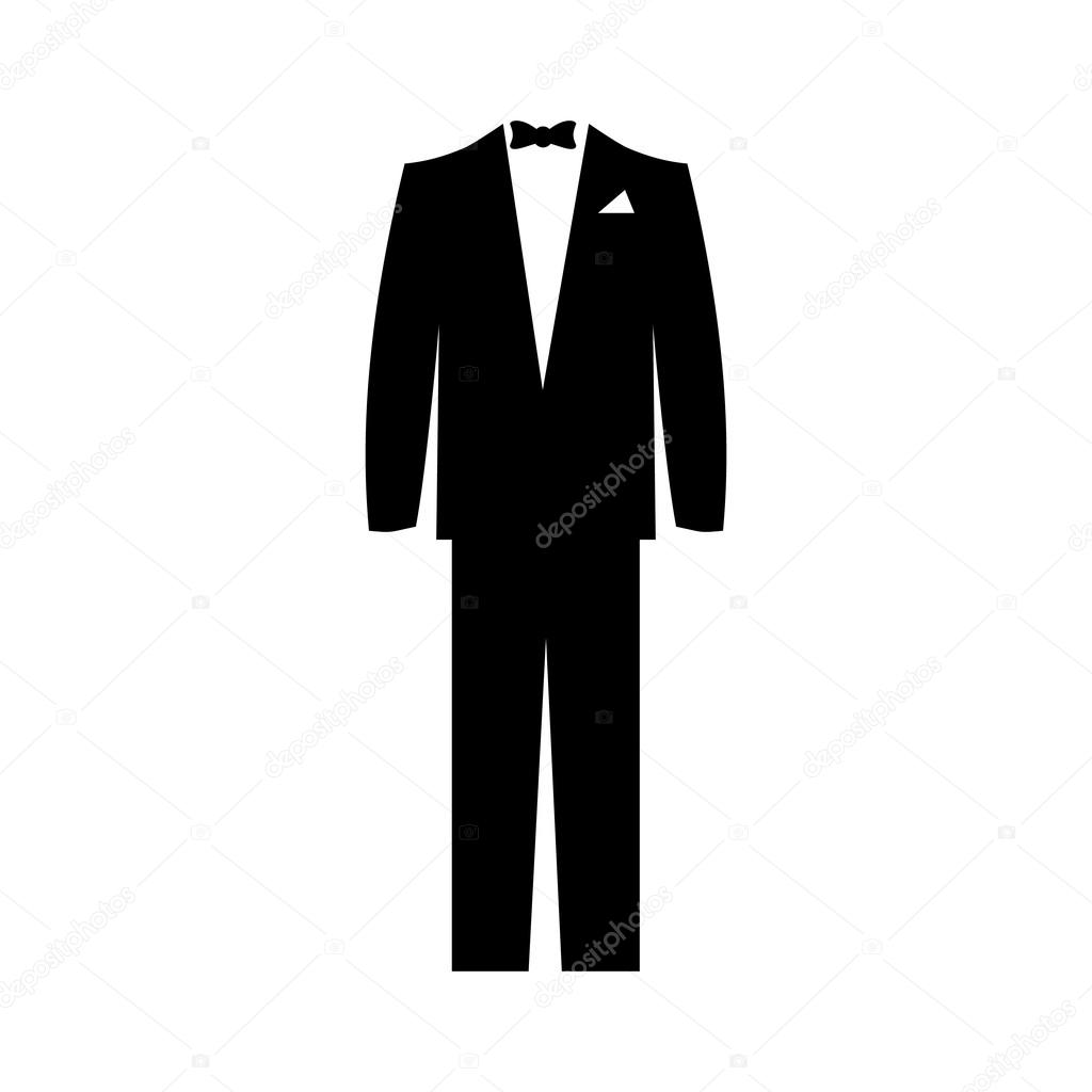 Men's classical black suit with bow tie. Men's wardrobe. Vector 