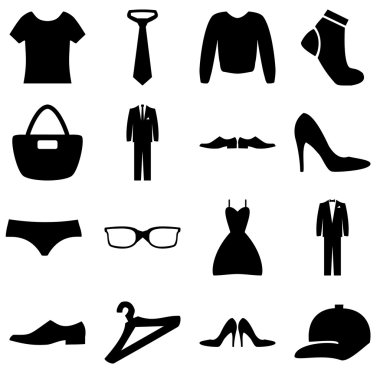 Giysi ve aksesuarları Icons set alışveriş. Vektör çizim.