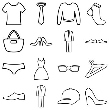 Giysi ve aksesuarları Icons set alışveriş. Vektör çizim.