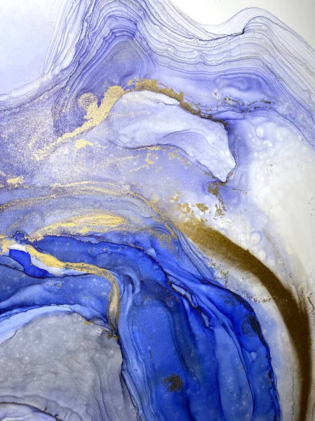 Abstract Blue Background Beautiful Smudges Stains Made Alcohol Ink Gold — Zdjęcie stockowe