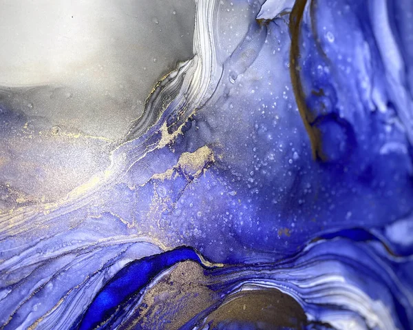 Abstract Blue Background Beautiful Smudges Stains Made Alcohol Ink Gold — Stock fotografie