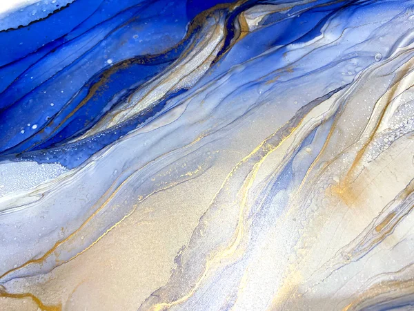Abstract Blue Background Gold Liquid Abstraction Beautiful Smudges Stains Made — Zdjęcie stockowe