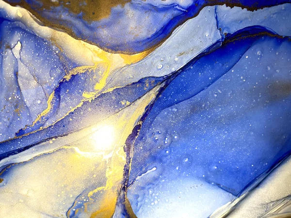 Abstract Blue Background Gold Liquid Abstraction Beautiful Smudges Stains Made — Stock fotografie