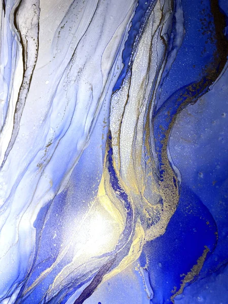 Abstract Blue Background Gold Liquid Abstraction Beautiful Smudges Stains Made — Zdjęcie stockowe