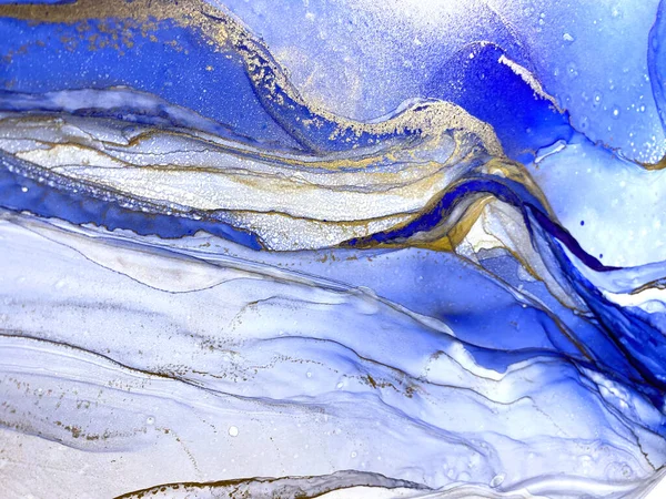 Abstract Blue Background Gold Liquid Abstraction Beautiful Smudges Stains Made — Stock fotografie