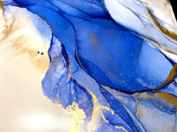 Abstract Blue Background Gold Liquid Abstraction Beautiful Smudges Stains Made — Stock fotografie