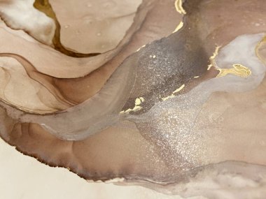 Soyut bej-kahverengi arka plan, altın rengi, güzel lekeler ve alkol mürekkebi ve altın pigmentinden yapılmış lekeler. Bej desenli sanat eseri mermer, suluboya veya akvaryum resmine benzer..