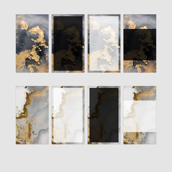 Gold templates for stories with text in social media. Beautiful abstract black-white-gold backgrounds made with alcohol ink to design your SMM-content. Abstract fashion frames with stone textures.