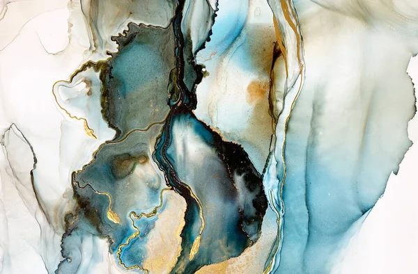 Abstract blue-green background with gold and beautiful smudges made with alcohol ink and golden acrylic. Fragment of art with turquoise texture resembles watercolor or aquarelle painting. — Stock Photo, Image