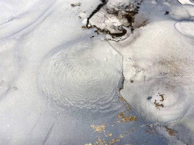 Altınla birlikte soyut gri arkaplan. Alkol mürekkebinden yapılmış güzel lekeler. Altın dokuya sahip siyah beyaz sanat eseri taş, duman, suluboya ve akvaryum resmine benzer..