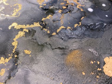 Altınla birlikte soyut gri arkaplan. Alkol mürekkebinden yapılmış güzel lekeler. Altın dokuya sahip siyah beyaz sanat eseri taş, duman, suluboya ve akvaryum resmine benzer..