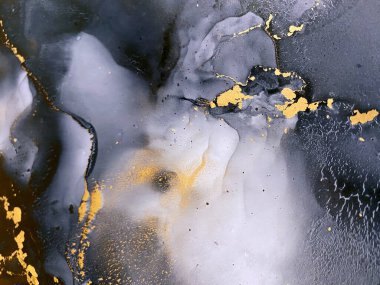 Altınla birlikte soyut gri arkaplan. Siyah beyaz dokular. Alkol mürekkebinden yapılmış güzel parçalar ve lekeler. Duman efektli sanat eseri taş, mermer, suluboya ve akvaryuma benziyor..