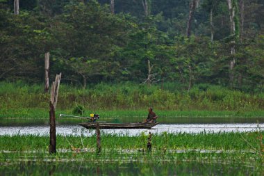 Surat Thani, Tayland - 21 Ekim 2012: Yerel balıkçılar Cheow Lan Gölü veya Ratchaprapha Barajı 'nda doğanın güzelliği arasında balık yakalamak için kürek çekiyorlar