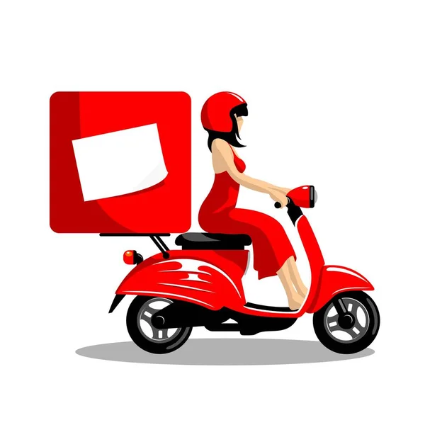 EPS8 vektöründe beyaz arka planda kırmızı scooter kullanan teslimatçı kız.