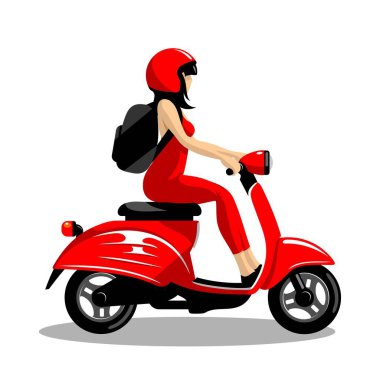 Kırmızı motosikletli bir kız, EPS8 vektöründe beyaz arka planda sırt çantalı.