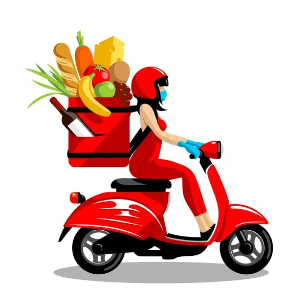 Kırmızı scooterlı, beyaz arka planlı, EPS8 vektörlü yiyecek ve içecek getiren kız.