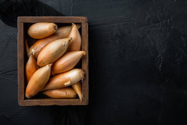 Çiğ bebek soğanı, siyah desenli arka planda, düz yerde metin için.