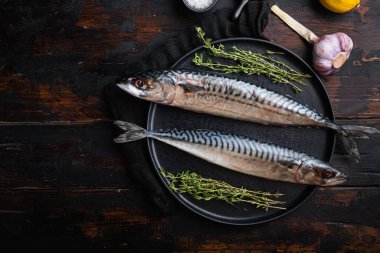 Ahşap masa üzerinde malzemeleri olan çiğ deniz balığı, fotokopi alanı olan üst manzara..