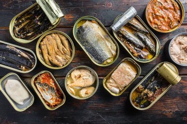 Saury, uskumru, sprat, sardalya, sardalya, kalamar, kalamar, ahşap masa üstü manzaralı konserve kutuları.